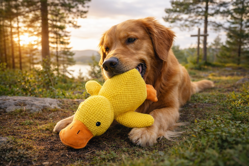 Golden Retriever som bærer på en gul andeleke utendørs – slitesterk kosedyr for hund"